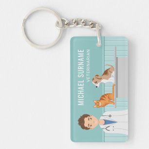 Dierenarts Man met kat en puppy aangepaste naam Sleutelhanger