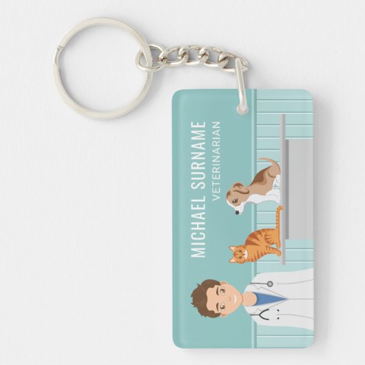 Dierenarts Man met kat en puppy aangepaste naam Sleutelhanger (Voorkant)