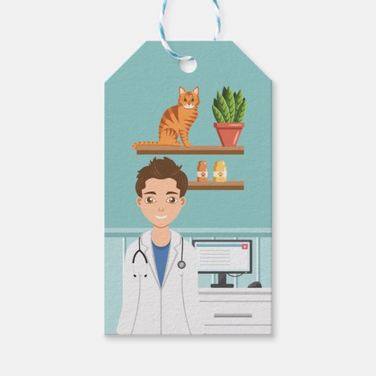 Dierenarts Man Veeger met oranje kat blauw Cadeaulabel (Voorkant)