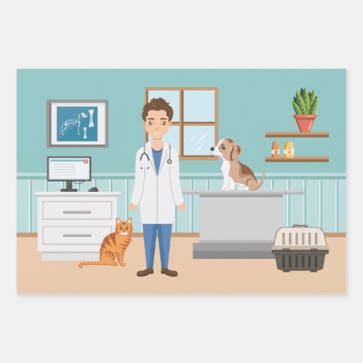 Dierenarts Man Vet Guy Dierenarts Blauw Inpakpapier Vel (Voorkant 3)