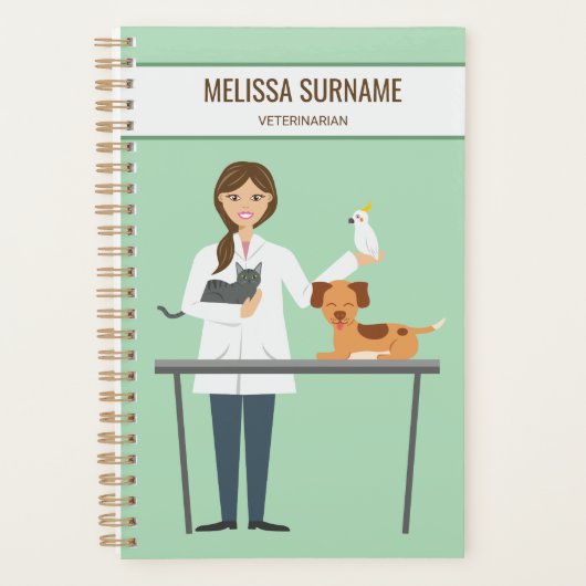 Dierenarts vrouw met dieren en aangepaste tekst planner (Voorkant)