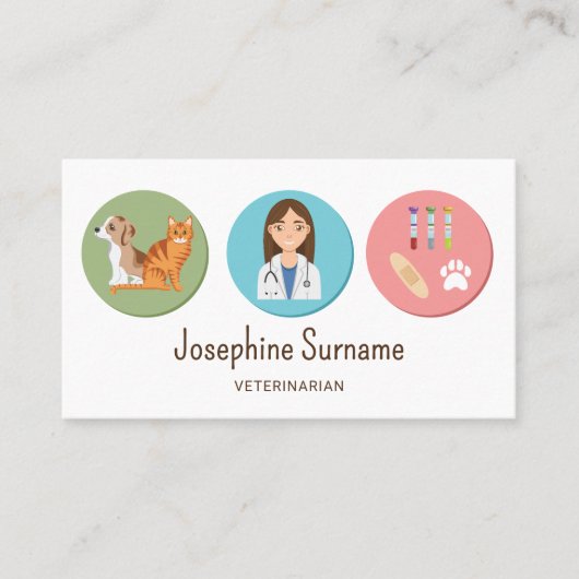 Dierenartsmeisje en huisdieren met dierenartsspull visitekaartje (Voorkant)