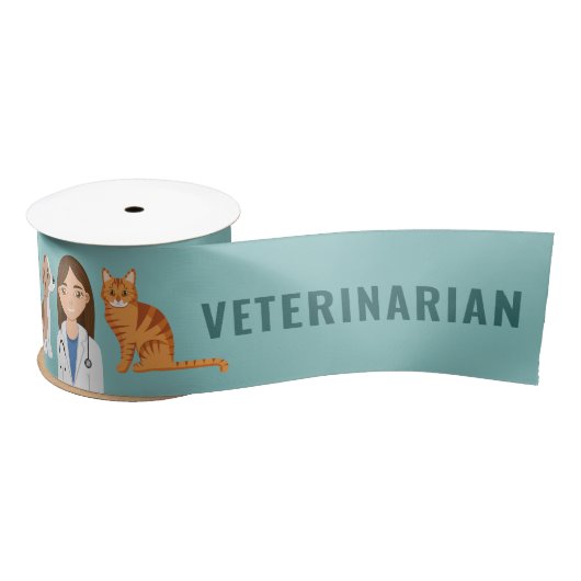 Dierenartsvrouw met puppy hond en kat blauw satijnen lint (Spoel)
