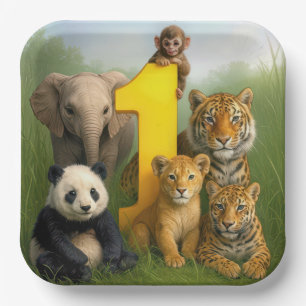 Dierenbaby's in het wild met een nummer één papieren bordje
