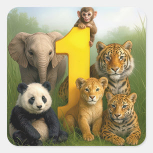 Dierenbaby's in het wild met een nummer één vierkante sticker