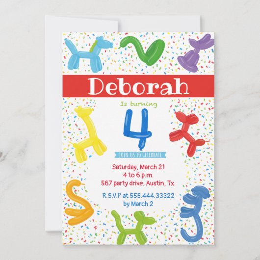 Dierenballonnen 4e verjaardag uitnodiging (Voorkant)