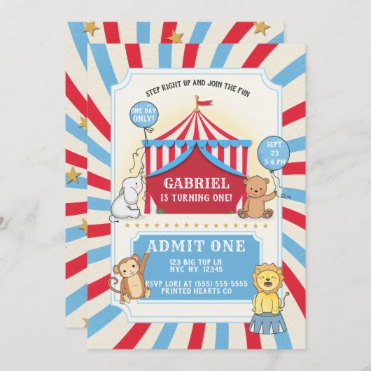 Dierencircus Verjaardag uitnodiging | rood wit bla (Voorkant / Achterkant)