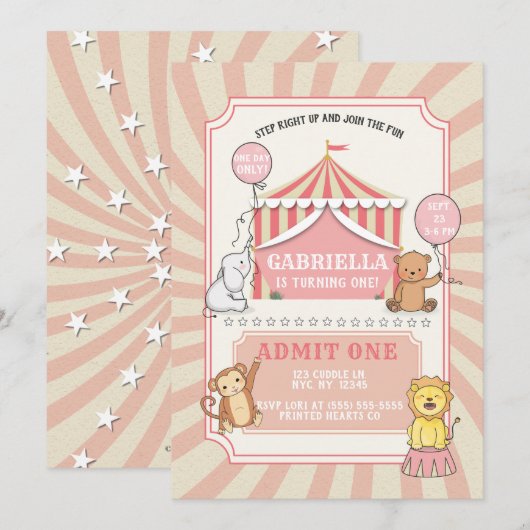 Dierencircus Verjaardag uitnodiging | roze (Voorkant / Achterkant)