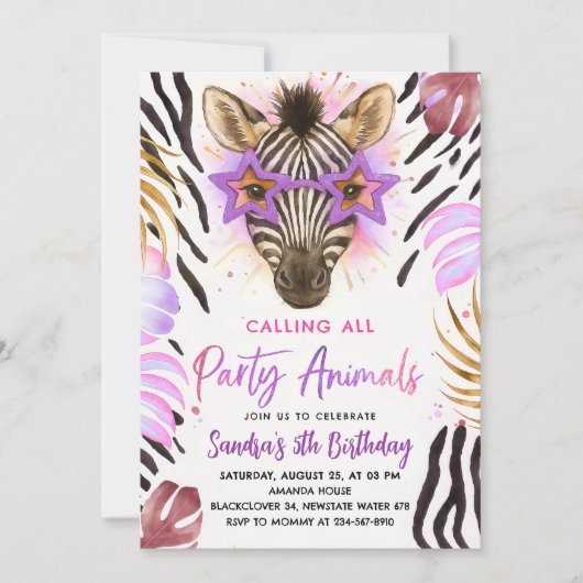 Dierenfeest - Zebra Verjaardagsfeest Kaart (Voorkant)