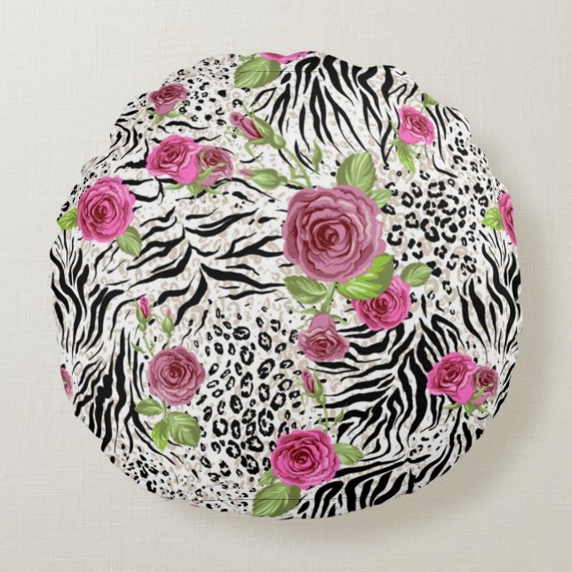 Dierenhuidprint en rozen rond kussen (Voorkant)