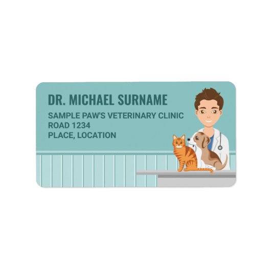 Dierenkliniek Dierenarts Man Behandelaar Blauwe Etiket (Voorkant)