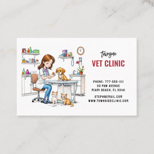 Dierenkliniek Schattige Meisje Puppy & Kat Visitekaartje (Voorkant)