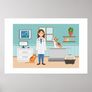 Dierenkliniek Vrouwelijke Dierenarts Met Kat En Pu Poster