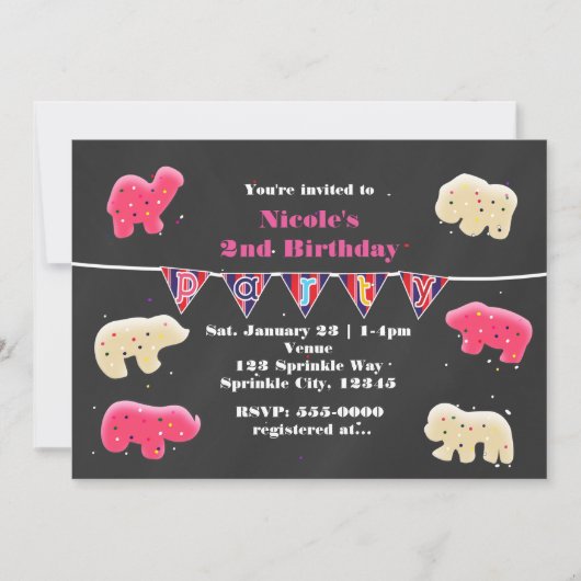 Dierenkoekjes verjaardagsfeest strooibiljetten kaart (Voorkant)