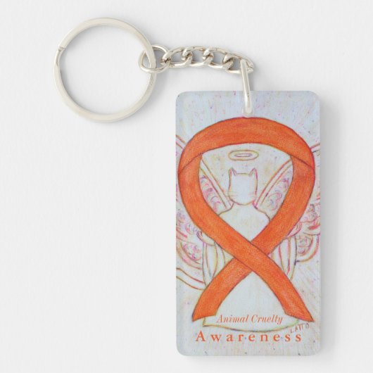 Dierenmishandeling Cat Angel Awareness Ribbon Sleu Sleutelhanger (Voorkant)