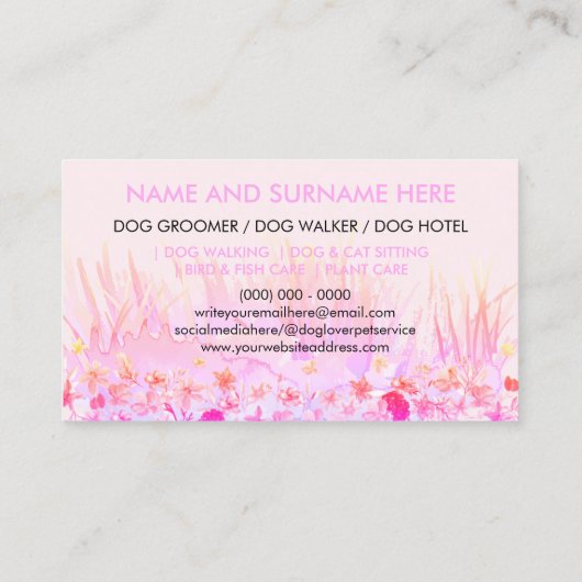 Dierenoppas Walker hond huisdierverzorging roze bl Visitekaartje (Achterkant)