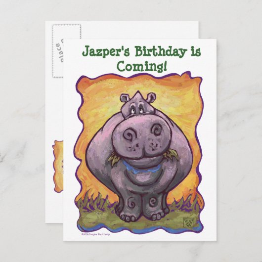 Dierenparade Hippo Art Save the Date Party Aankondigingskaart (Voorkant / Achterkant)