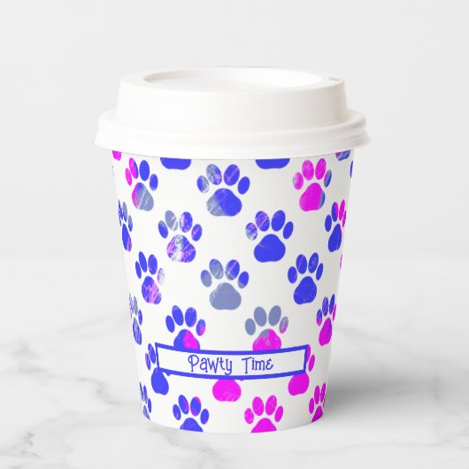 Dierenpoot silhouet blauw roze pawty papier papieren bekers (Voorkant)