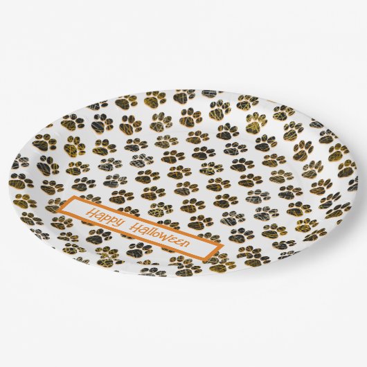 Dierenpoot silhouet halloween pawty wit papieren bordje (Gekanteld)