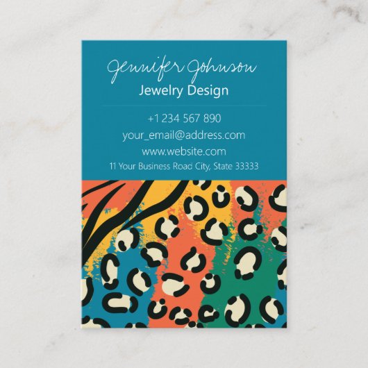 Dierenprint Blauw Kleurrijke Sieraden Care Kaarten Visitekaartje (Voorkant)
