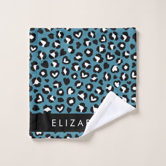 Dierenprint, Blauwe luipaard, Harten, Jouw naam Bad Handdoek (Wasdoekje)
