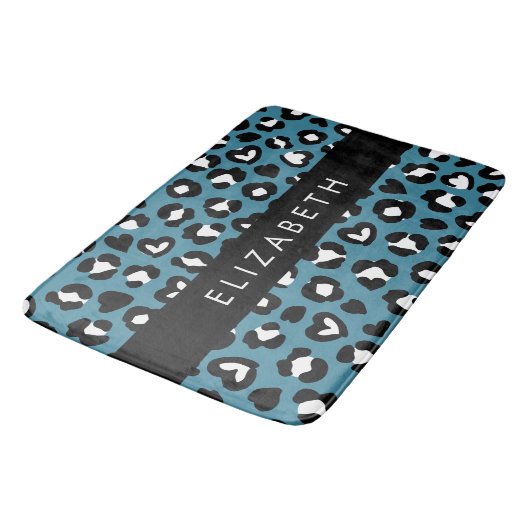 Dierenprint, Blauwe luipaard, Harten, Jouw naam Badmat (Gekanteld)