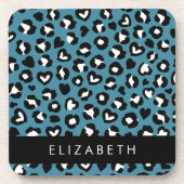 Dierenprint, Blauwe luipaard, Harten, Jouw naam Bier Onderzetter (Voorkant)