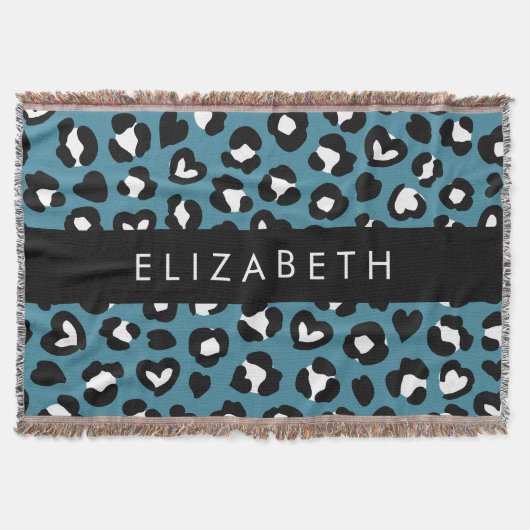 Dierenprint, Blauwe luipaard, Harten, Jouw naam Deken (Voorkant)