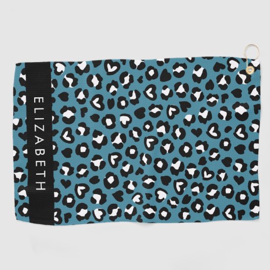 Dierenprint, Blauwe luipaard, Harten, Jouw naam Golfhanddoek (Horizontaal)