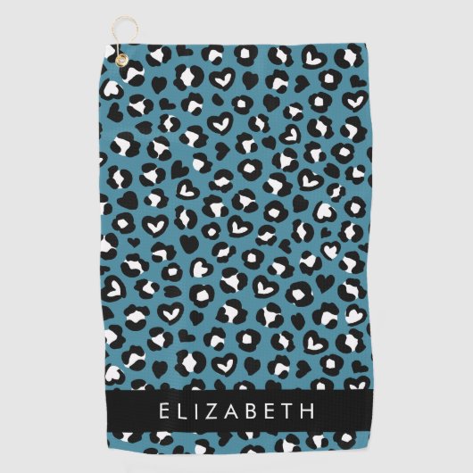 Dierenprint, Blauwe luipaard, Harten, Jouw naam Golfhanddoek (Voorkant)