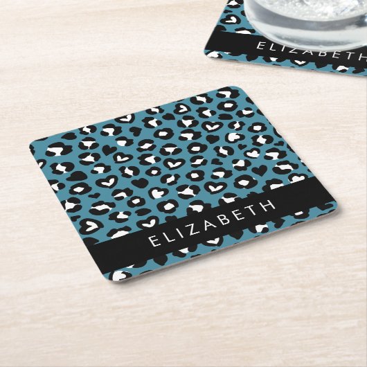 Dierenprint, Blauwe luipaard, Harten, Jouw naam Kartonnen Onderzetters (Schuin)