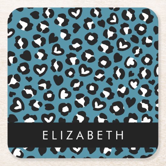 Dierenprint, Blauwe luipaard, Harten, Jouw naam Kartonnen Onderzetters (Voorkant)