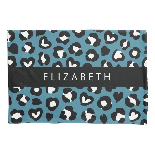 Dierenprint, Blauwe luipaard, Harten, Jouw naam Kussensloop (Voorkant)