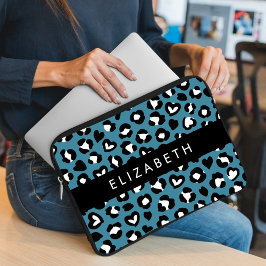 Dierenprint, Blauwe luipaard, Harten, Jouw naam Laptop Sleeve