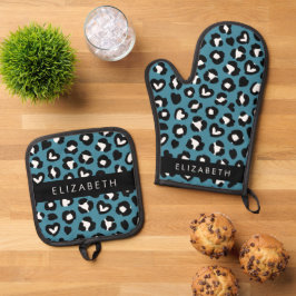 Dierenprint, Blauwe luipaard, Harten, Jouw naam Ovenwant & Pannenlap Set