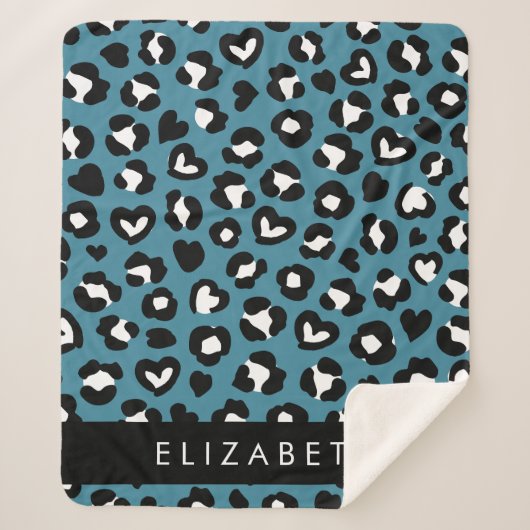 Dierenprint, Blauwe luipaard, Harten, Jouw naam Sherpa Deken (Voorkant)