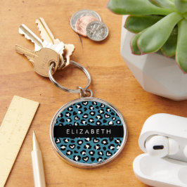 Dierenprint, Blauwe luipaard, Harten, Jouw naam Sleutelhanger