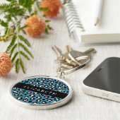 Dierenprint, Blauwe luipaard, Harten, Jouw naam Sleutelhanger (Zijkant)