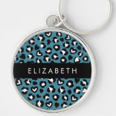Dierenprint, Blauwe luipaard, Harten, Jouw naam Sleutelhanger (Voorkant)