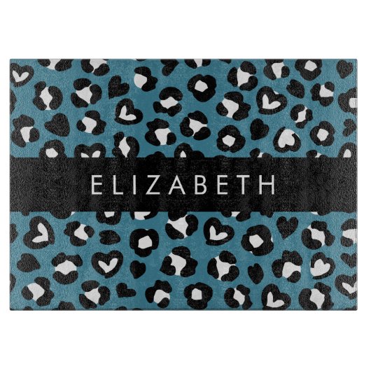 Dierenprint, Blauwe luipaard, Harten, Jouw naam Snijplank (Voorkant)