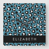 Dierenprint, Blauwe luipaard, Harten, Jouw naam Vierkante Klok (Voorkant)