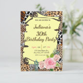 Dierenprint bloemenverjaardag uitnodiging (Staand voorkant)