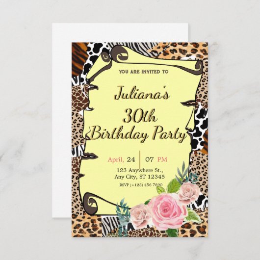 Dierenprint bloemenverjaardag uitnodiging (Voorkant / Achterkant)