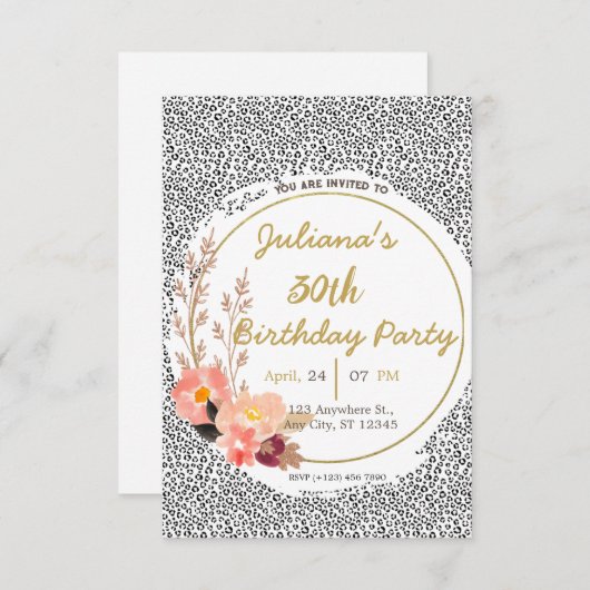 Dierenprint bloemenverjaardag uitnodiging (Voorkant / Achterkant)