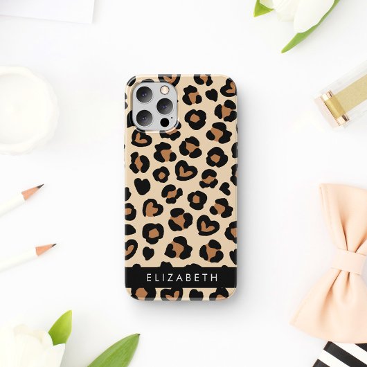 Dierenprint, Bruin Luipaard, Harten, Jouw naam Case-Mate iPhone Case