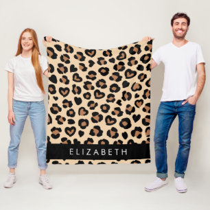 Dierenprint, Bruin Luipaard, Harten, Jouw naam Fleece Deken
