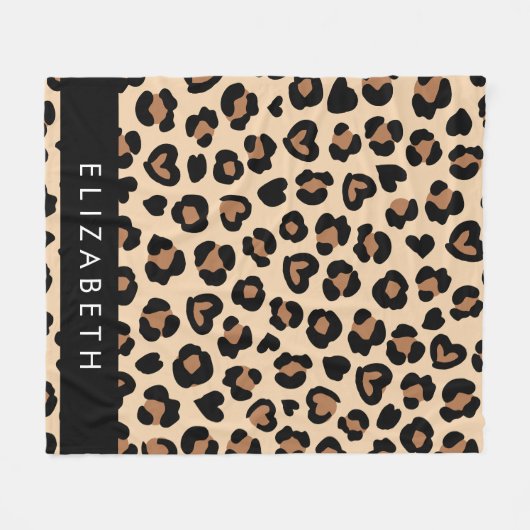 Dierenprint, Bruin Luipaard, Harten, Jouw naam Fleece Deken (Voorkant (Horizontaal))