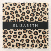 Dierenprint, Bruin Luipaard, Harten, Jouw naam Glazen Onderzetter (Voorkant)