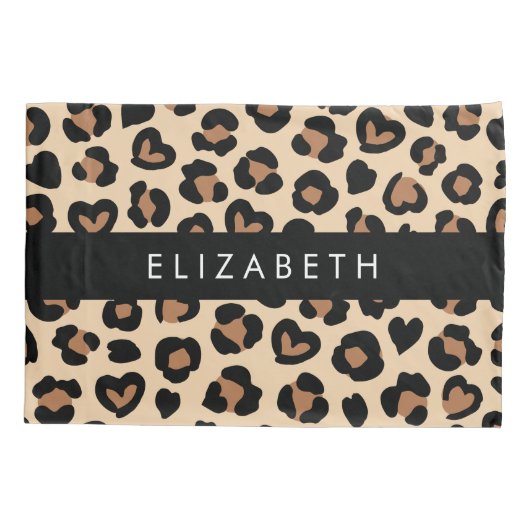 Dierenprint, Bruin Luipaard, Harten, Jouw naam Kussensloop (Achterkant)