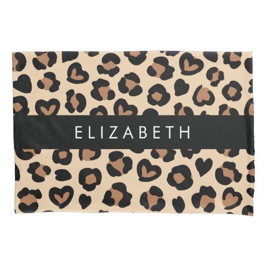 Dierenprint, Bruin Luipaard, Harten, Jouw naam Kussensloop (Voorkant)